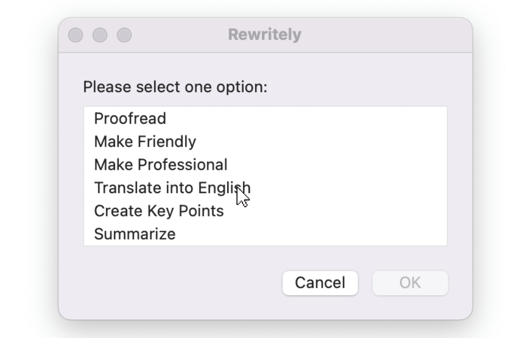 Select a predefined prompt to rewrite your text.