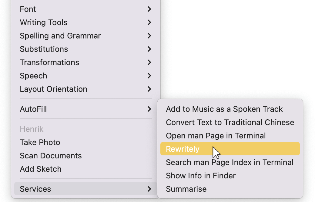Open Rewritely via the service section of the context menu.